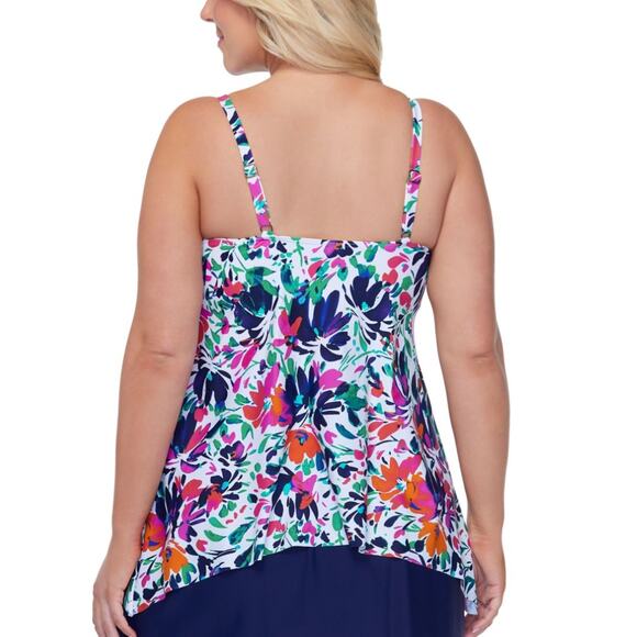 Island Escape Pink White BLack Palm Beach Underwire Swim Tankini Top, Multi, 22W - Picture 2 of 2